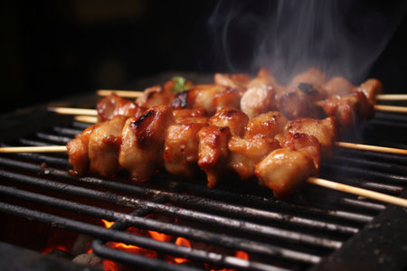 chicken skewers on the grill, close-up, horizontalの素材