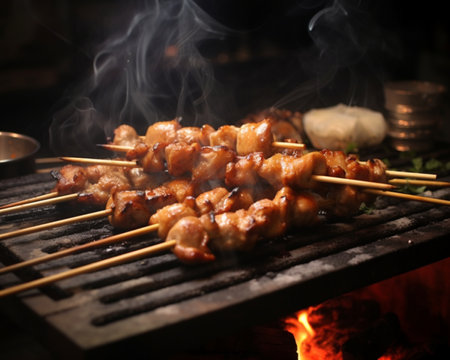 Grilled chicken skewers on a barbecue grill over a campfireの素材