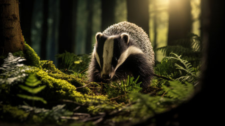 Badger (Meles meles) in the forest at nightの素材
