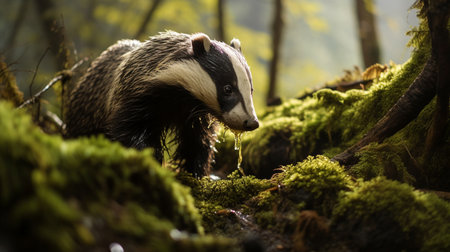 Badger, Meles meles, single mammal in forest, UKの素材