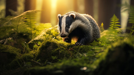 Badger (Meles meles) in the forest at nightの素材