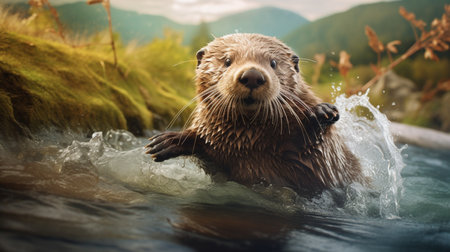 Otter swims in the river. Wildlife scene with animal.の素材