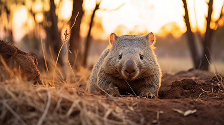 Wombat in the bush at sunset, Australia. Wildlife animal.の素材