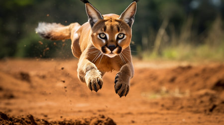 Caracal (Panthera caracal) jumping on the groundの素材
