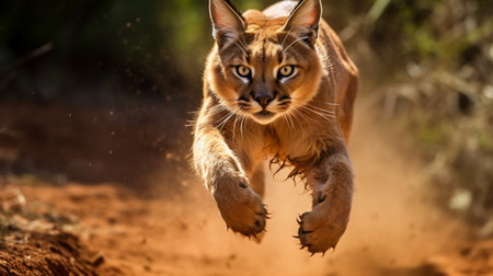 Caracal cat (Lynx lynx) jumping in the sandの素材