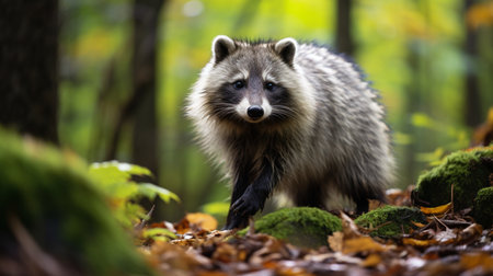 Portrait of a raccoon in autumn forest. Animal in nature.の素材