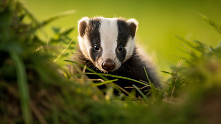 Badger, Meles meles, single mammal in grass, UKの素材