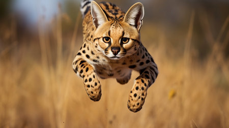 Young serval (Panthera serval) jumping in the grassの素材