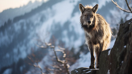 Portrait of a wild wolf standing on a rock in the mountainsの素材