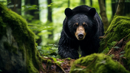 Close-up of a black bear in the forest. Wildlife sceneの素材