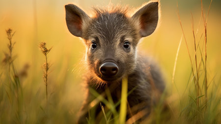 Little baby boar standing in tall grass looking at camera in sunsetの素材