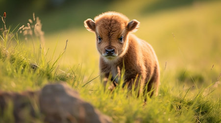 Cute little bison calf on a meadow in summer.の素材