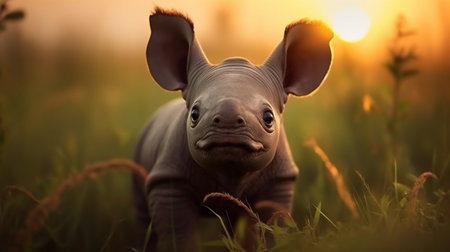 Cute baby rhinoceros in the grass at sunset.の素材