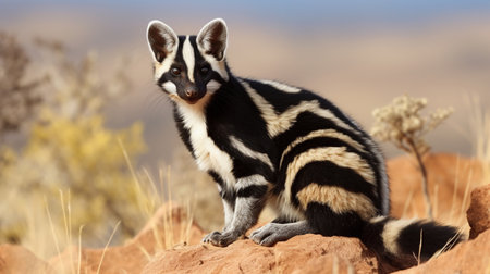 A black and white striped Skunk standing on a rock in the desertの素材