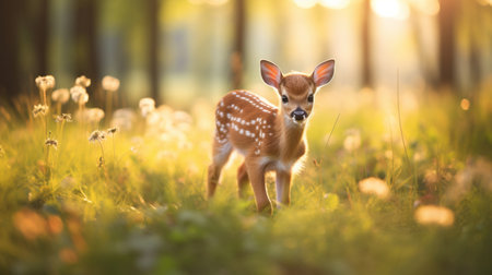 Fawn in the forest at sunset. Beautiful animal in nature.の素材