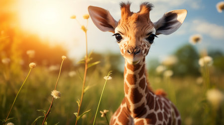 Giraffe in the meadow with dandelions at sunsetの素材