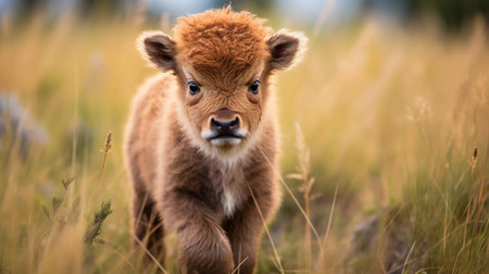 Young bison calf standing in a field of tall grass looking at the cameraの素材