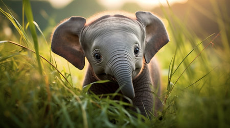 Baby elephant in the grass in the morning light. Nature background.の素材