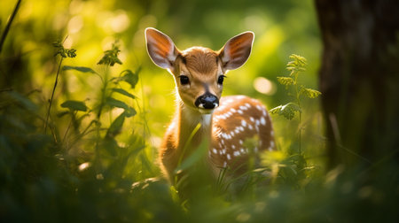 Fawn in the forest. Little deer in the green grass.の素材