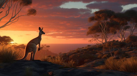 Kangaroo in the wild at sunset. 3D render.の素材