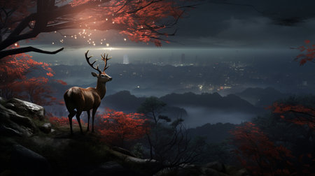 Deer in the misty forest. 3d render. Illustration.の素材