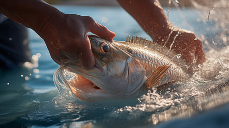 Fisherman holding a big fish in his hand, close-upの素材
