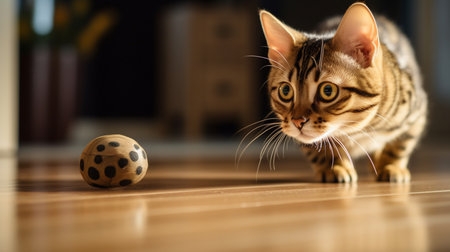 Cute bengal cat playing with a ball on the floorの素材
