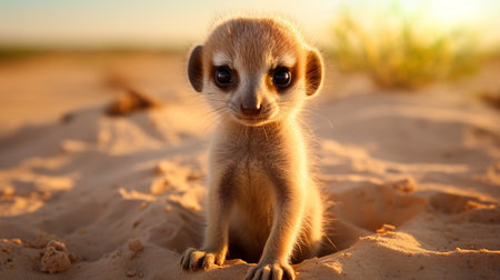 Little meerkat standing on the sand and looking at the cameraの素材
