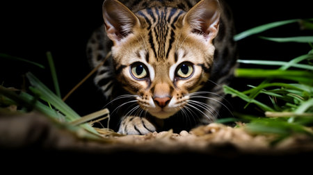 Bengal cat looking at camera on black background with grass.の素材