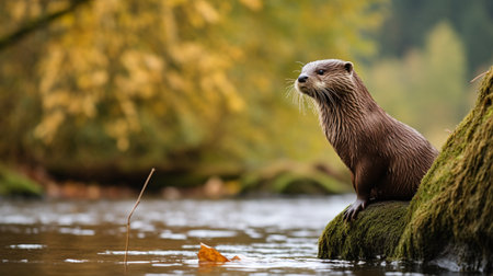 Otter on a rock in the river with autumn leaves in the backgroundの素材