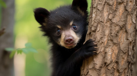 Baby black bear climbing a tree in the forest. Animal portrait.の素材