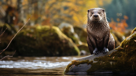 Otter on the rock in the river. Autumn season.の素材