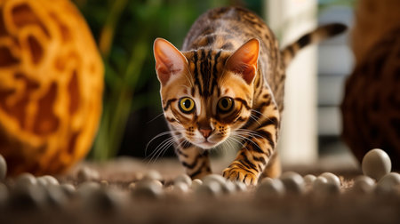 Cute bengal cat playing with white balls on the floorの素材
