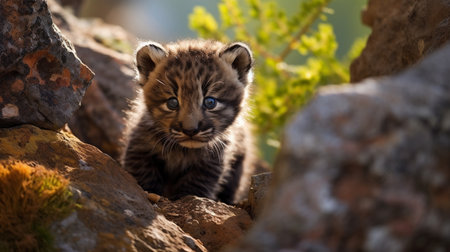 Cute little kitten playing on a rock in the wild nature.の素材