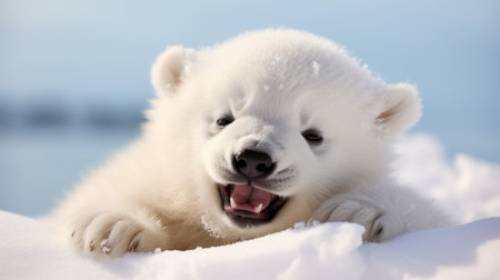 Polar bear cub in the snow. Polar bear cub in winter.の素材