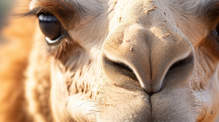 Close-up of the face of a camel in the desert.の素材
