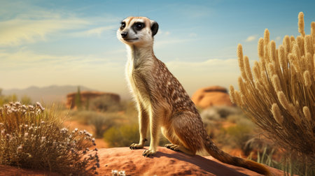 Meerkat (Suricata suricatta) standing on a rockの素材