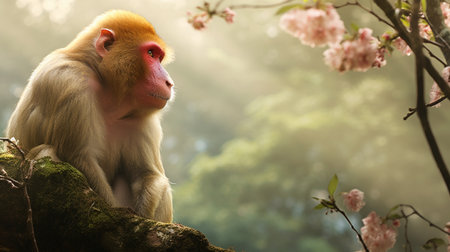 Monkey sitting on a tree with sakura flowers in the backgroundの素材