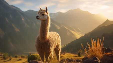 Llama in the mountains at sunset, Peru, South Americaの素材