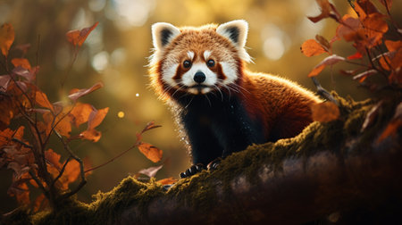 Red panda in autumn forest. Red panda in autumn forestの素材
