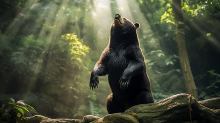Black bear on a rock in the rainforest. Wildlife scene.の素材