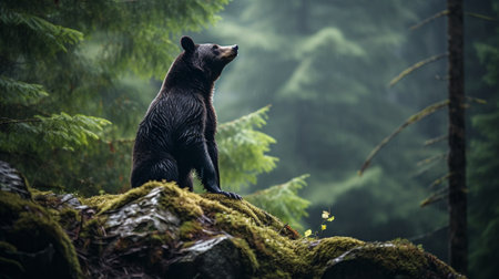 Black bear on the rocks in the forest. Wildlife scene from nature.の素材