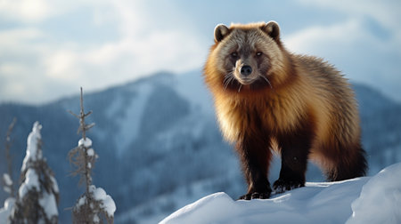 Wolverine on the snow in the mountains. Wildlife scene.の素材