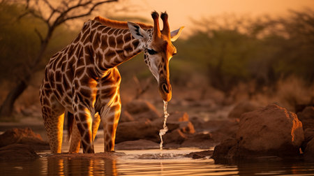 Giraffe drinking water at Okavango Delta, Botswana, Africaの素材