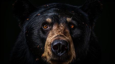 Close-up of a black bear in the studio on a black backgroundの素材