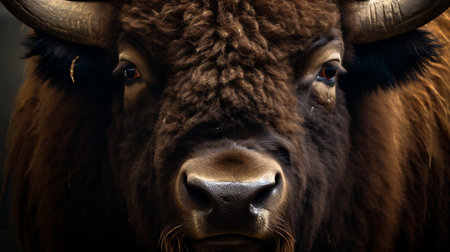 Close-up portrait of a bison on a dark background.の素材