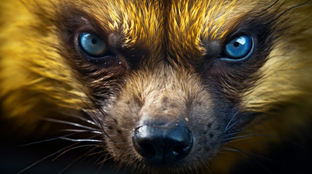 Close-up portrait of a red fox with blue eyes on a black backgroundの素材