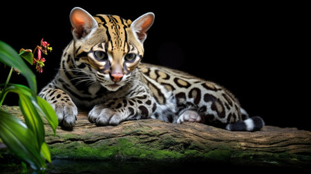Leopard cat (Panthera pardus) isolated on black backgroundの素材