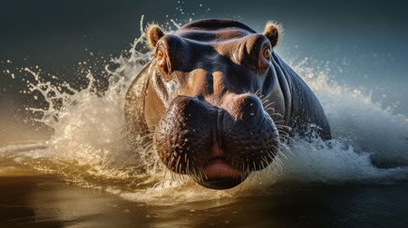 Hippopotamus in water with splashes of water. 3d illustrationの素材