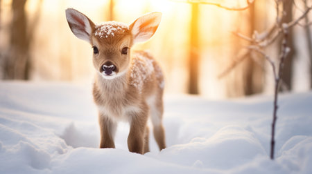 Fawn in winter forest. Beautiful deer in winter forest. Deer in winter forest.の素材